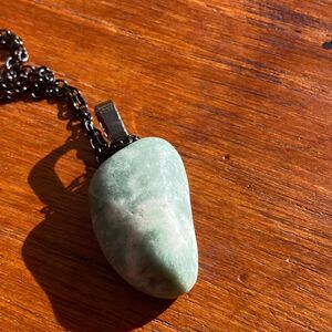 Half-Polished Light Green Oblong Stone Pendant on Black Plated 24 in Chain